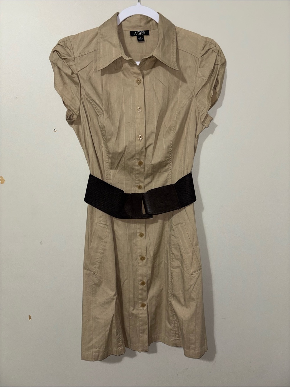A. Byer Khaki Button-Front Dress with Collared Neck